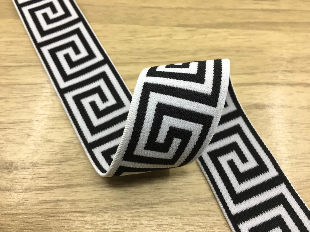 1 3/8 inch (35mm) Wide Black Wall Pattern White Plush Elastic Band,Waistband Elastic-1 Yard