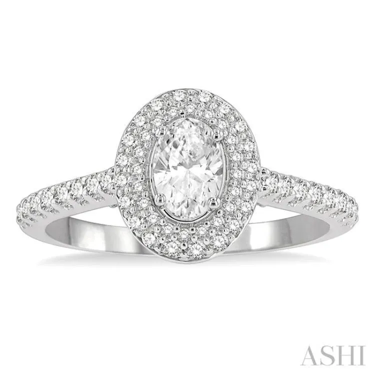 1 ctw Round Cut Diamond Engagement Ring With 1/2 ctw Oval Cut Center Stone in 14K White Gold