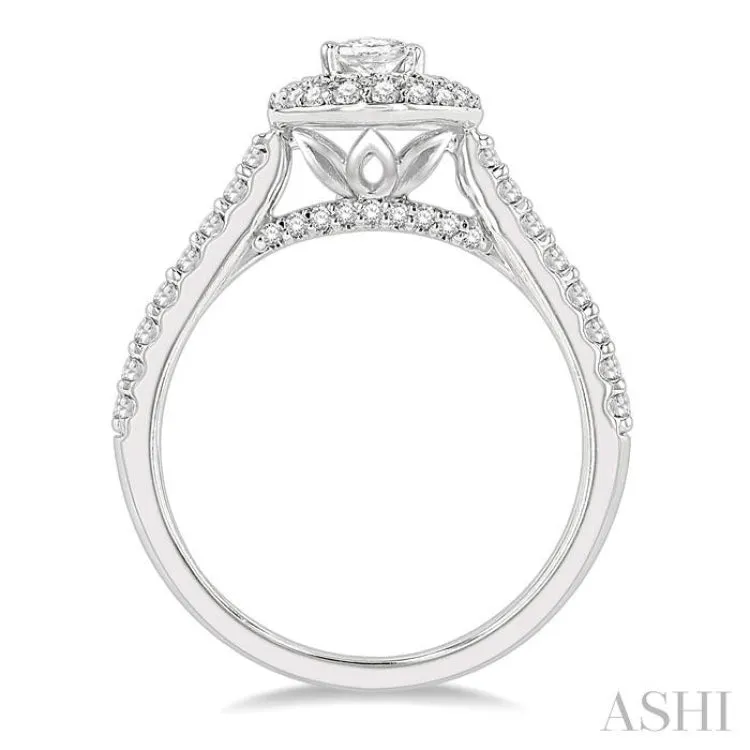 1 ctw Round Cut Diamond Engagement Ring With 1/2 ctw Oval Cut Center Stone in 14K White Gold