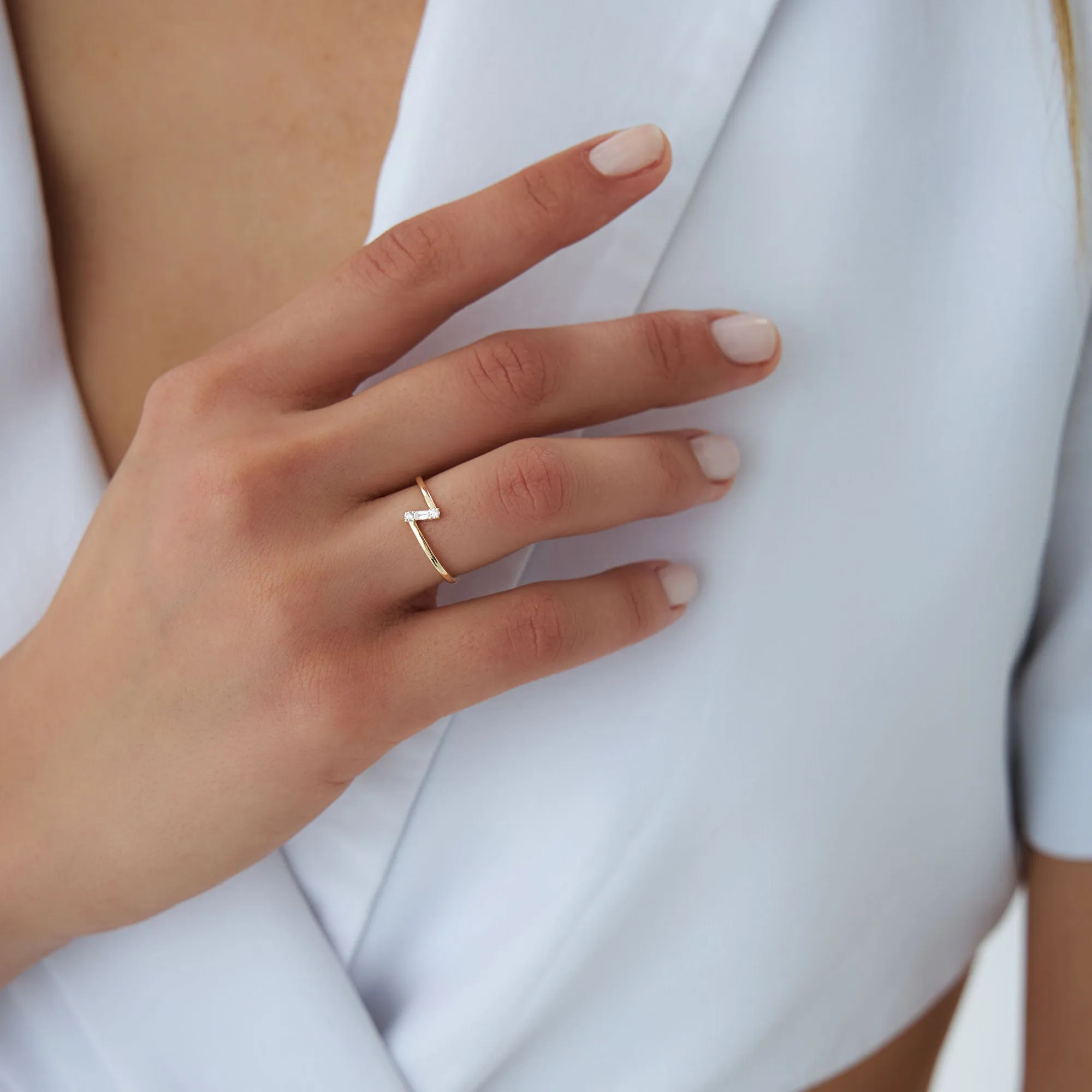 14k Dainty Diagonal Baguette Diamond Ring