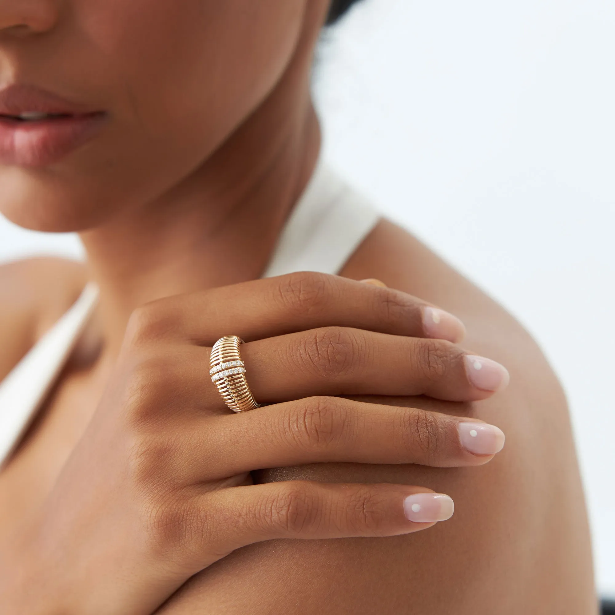 14K Diamond-Encrusted Ribbed Dome Statement Ring