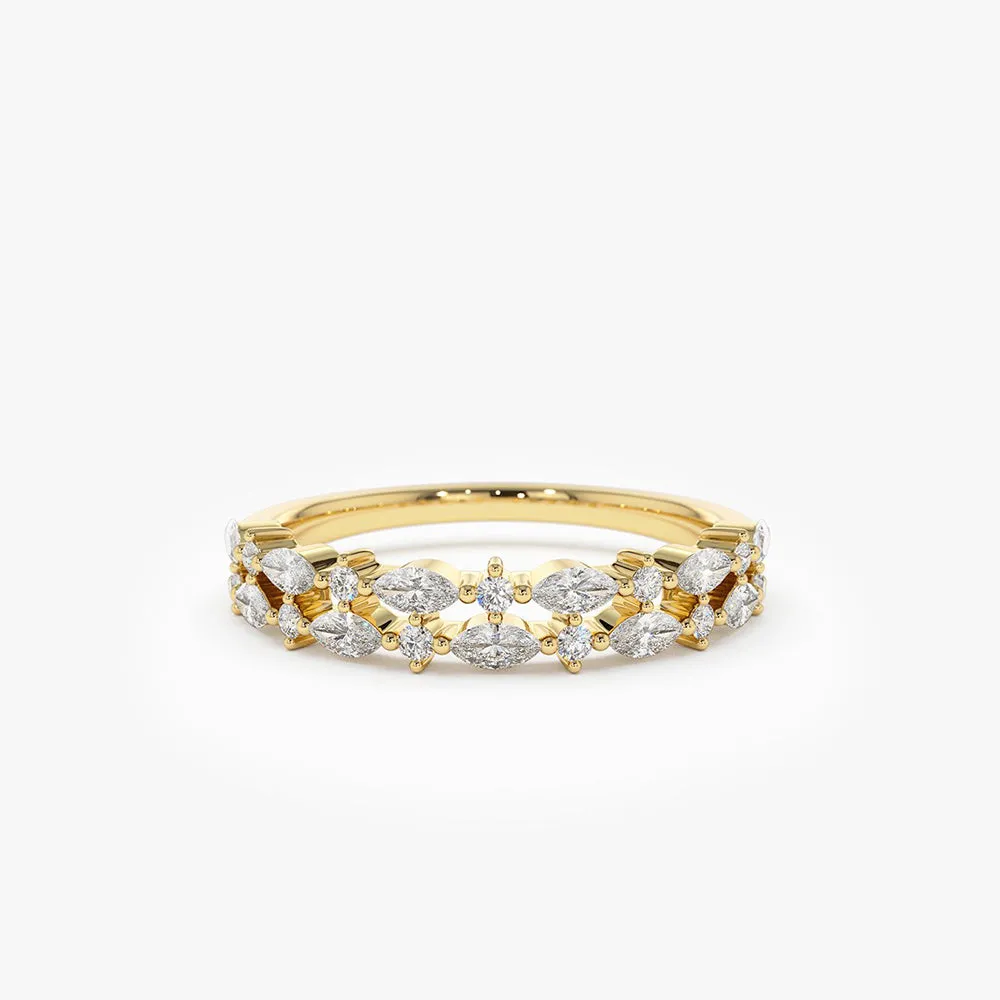 14k Double Row Alternating Marquise Round Diamond Ring