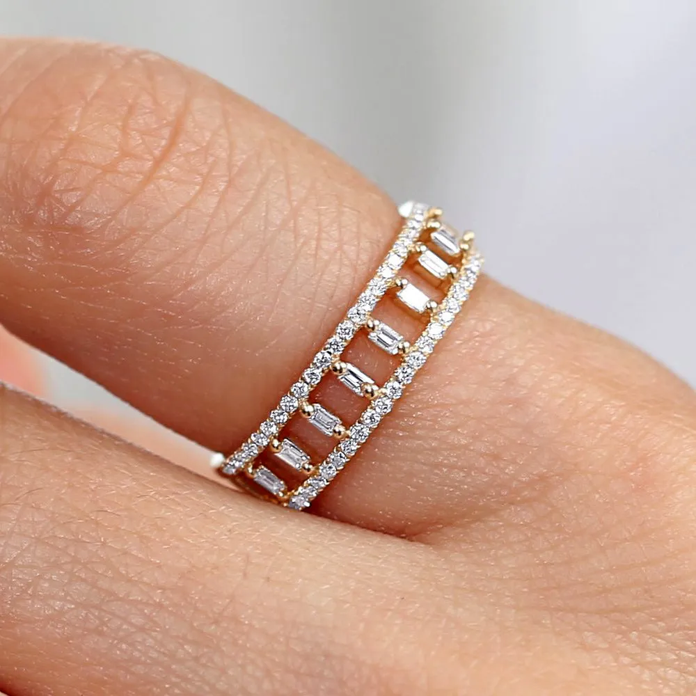 14k Double Row Micro Pave Diamond Ring with Baguette Diamond