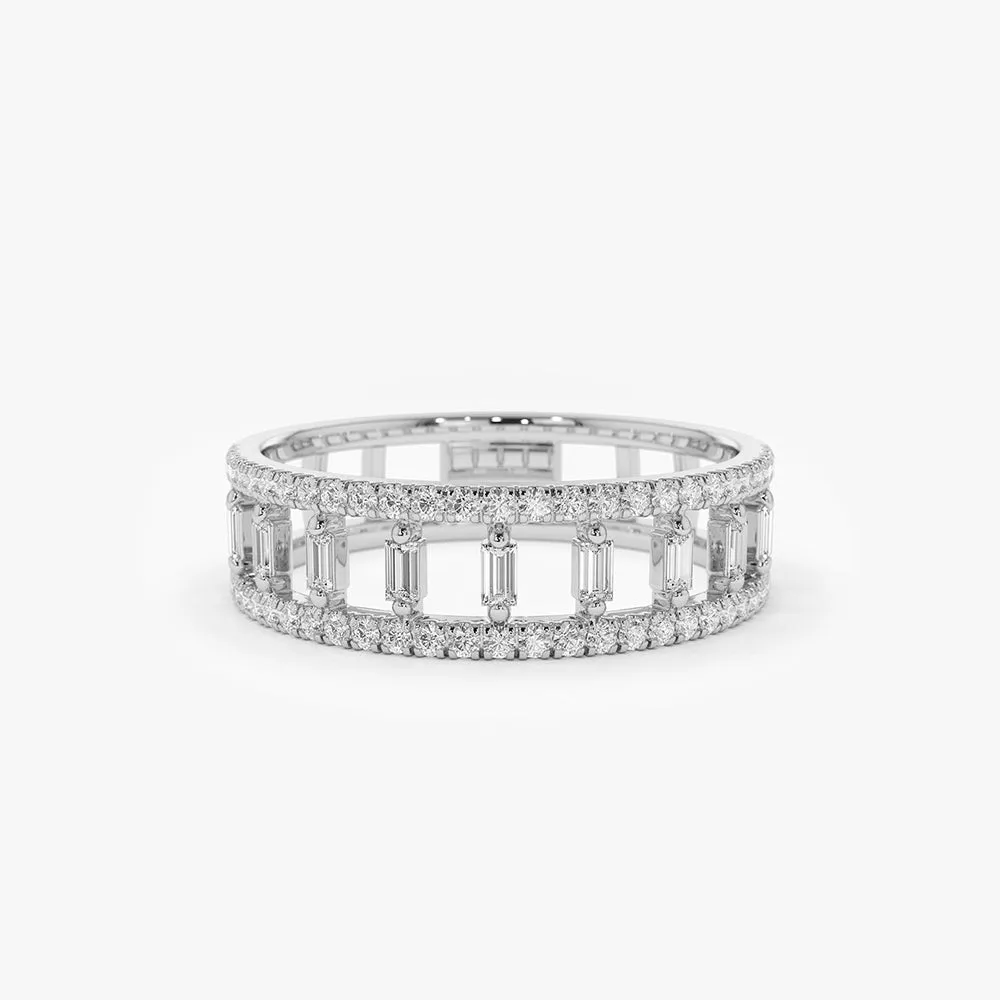 14k Double Row Micro Pave Diamond Ring with Baguette Diamond