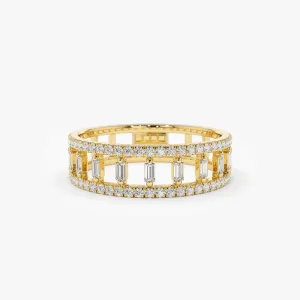 14k Double Row Micro Pave Diamond Ring with Baguette Diamond