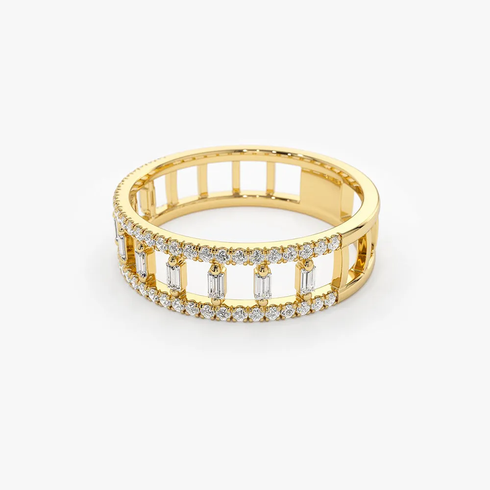 14k Double Row Micro Pave Diamond Ring with Baguette Diamond