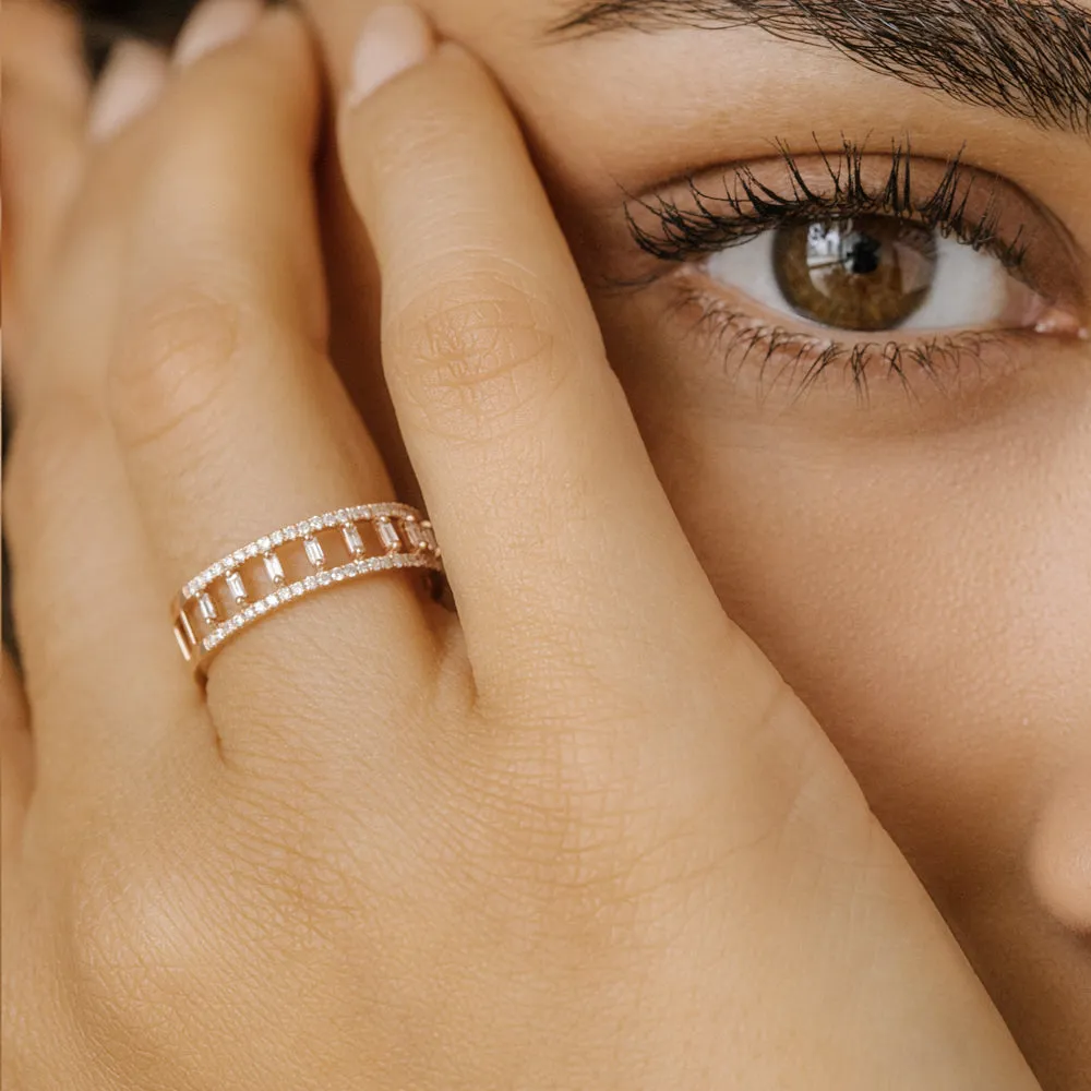 14k Double Row Micro Pave Diamond Ring with Baguette Diamond