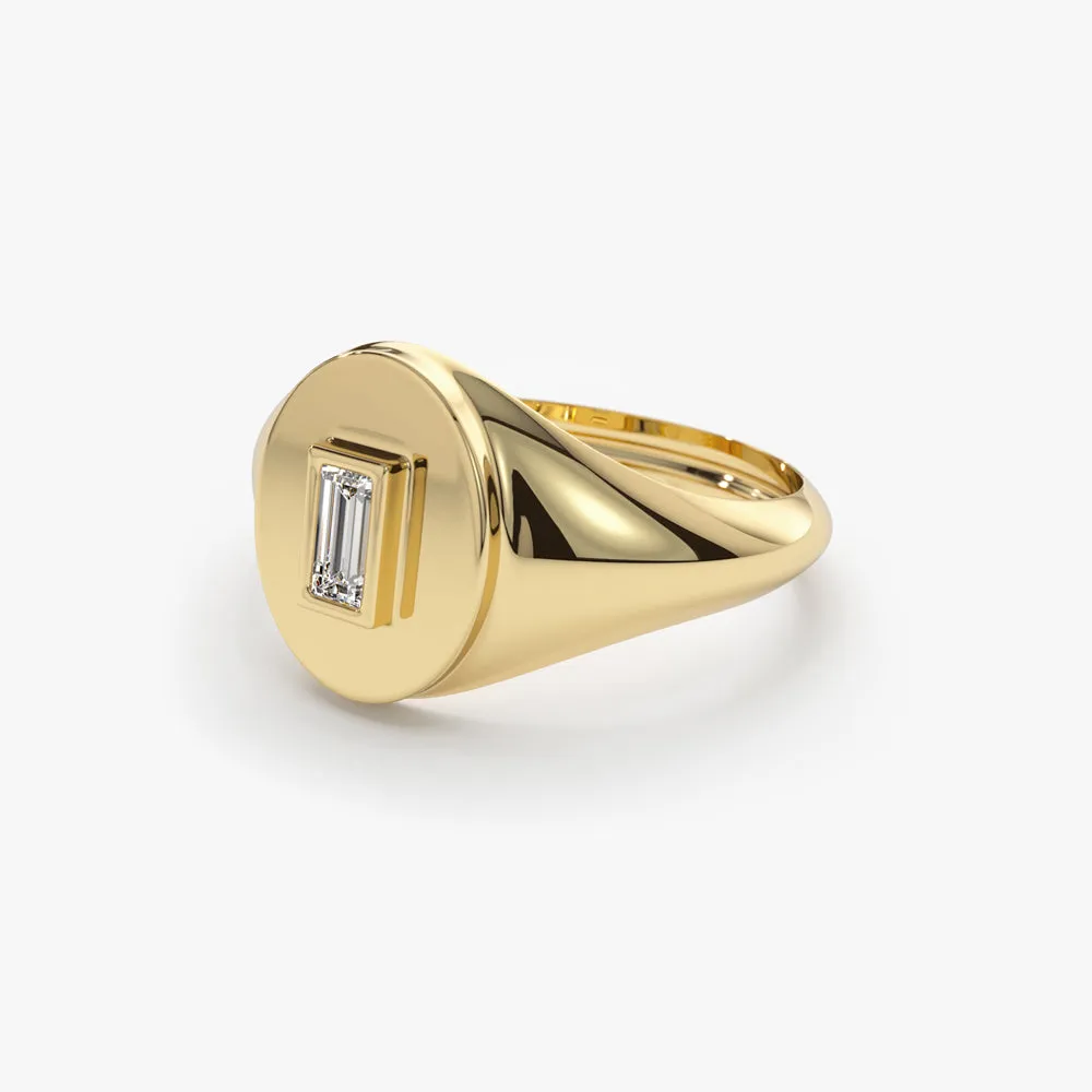 14K Gold Baguette Diamond Signet Ring