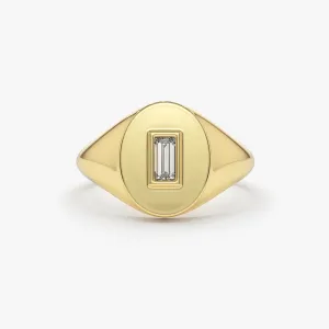 14K Gold Baguette Diamond Signet Ring