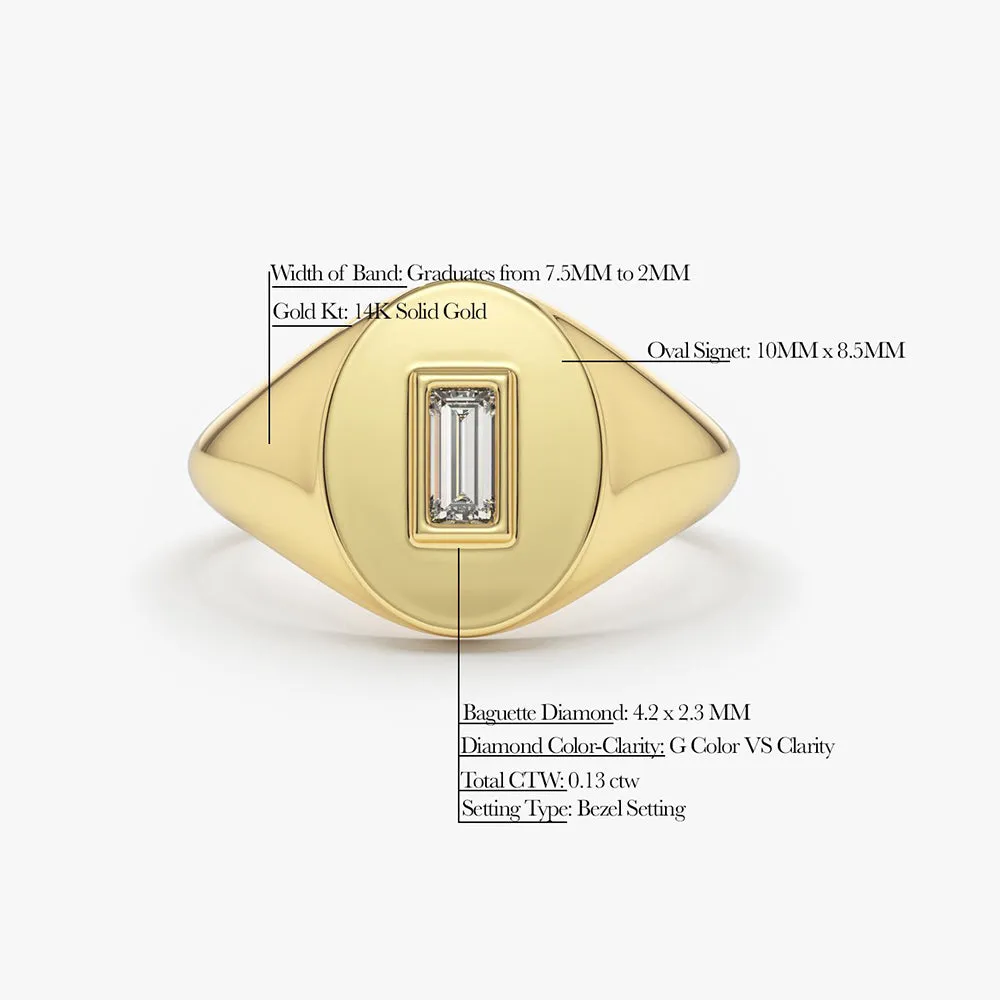 14K Gold Baguette Diamond Signet Ring