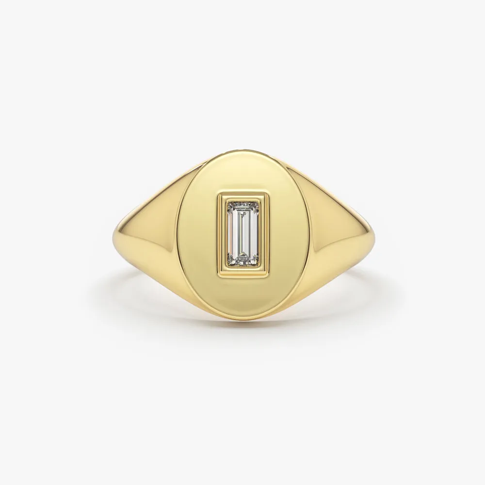 14K Gold Baguette Diamond Signet Ring