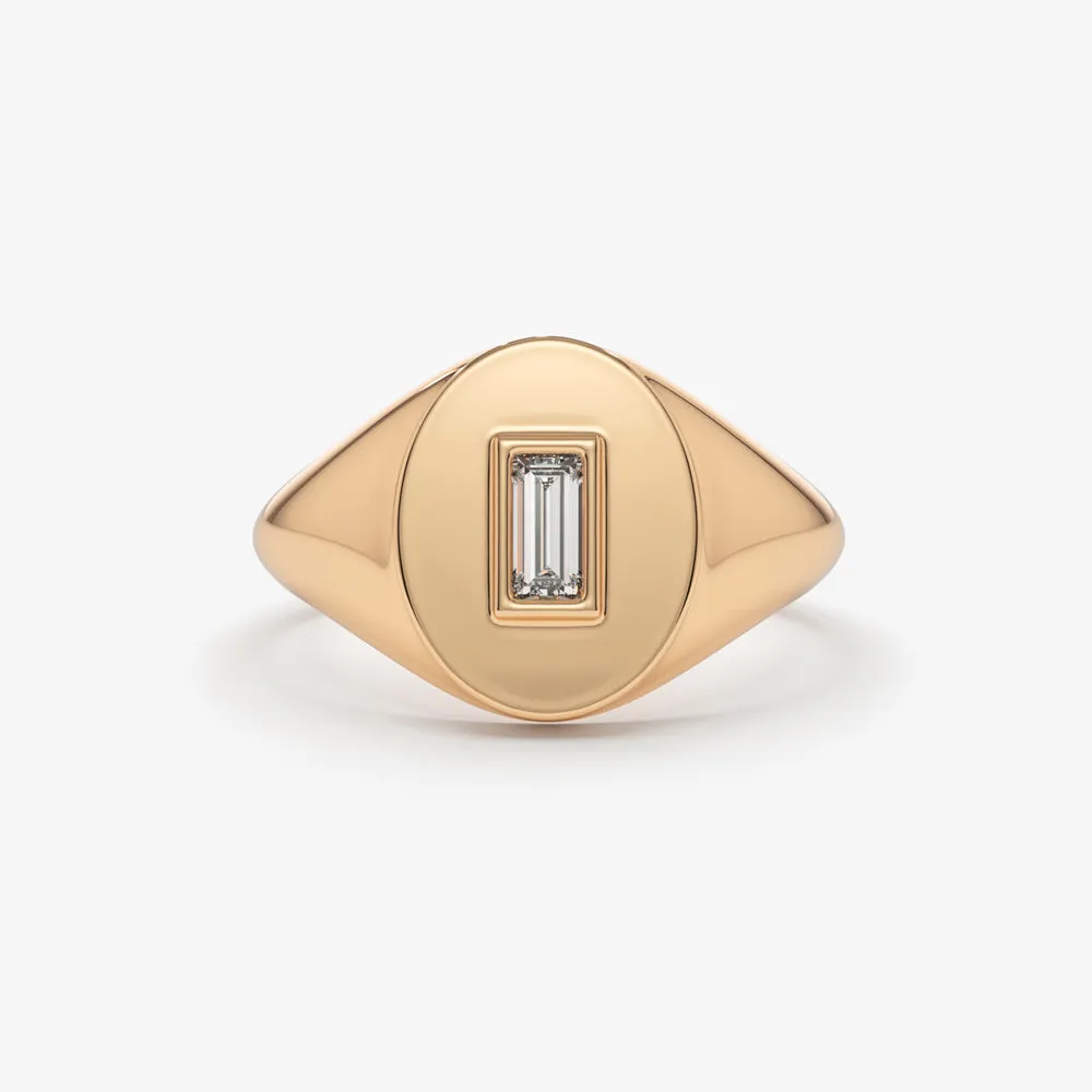 14K Gold Baguette Diamond Signet Ring