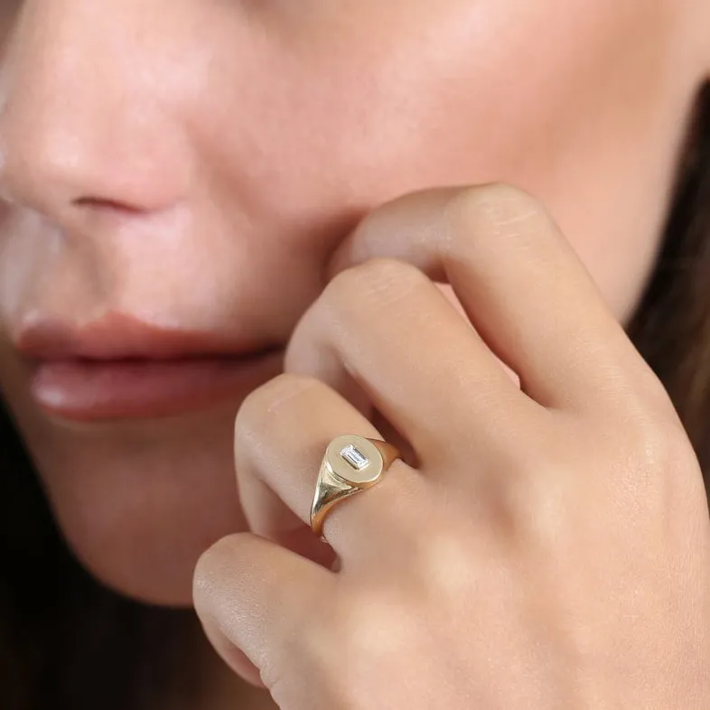 14K Gold Baguette Diamond Signet Ring