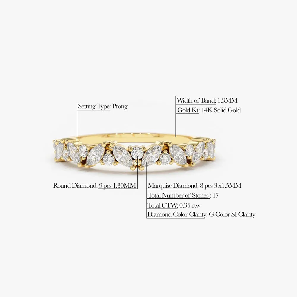 14K Gold Slanted Marquise and Round Diamond Ring