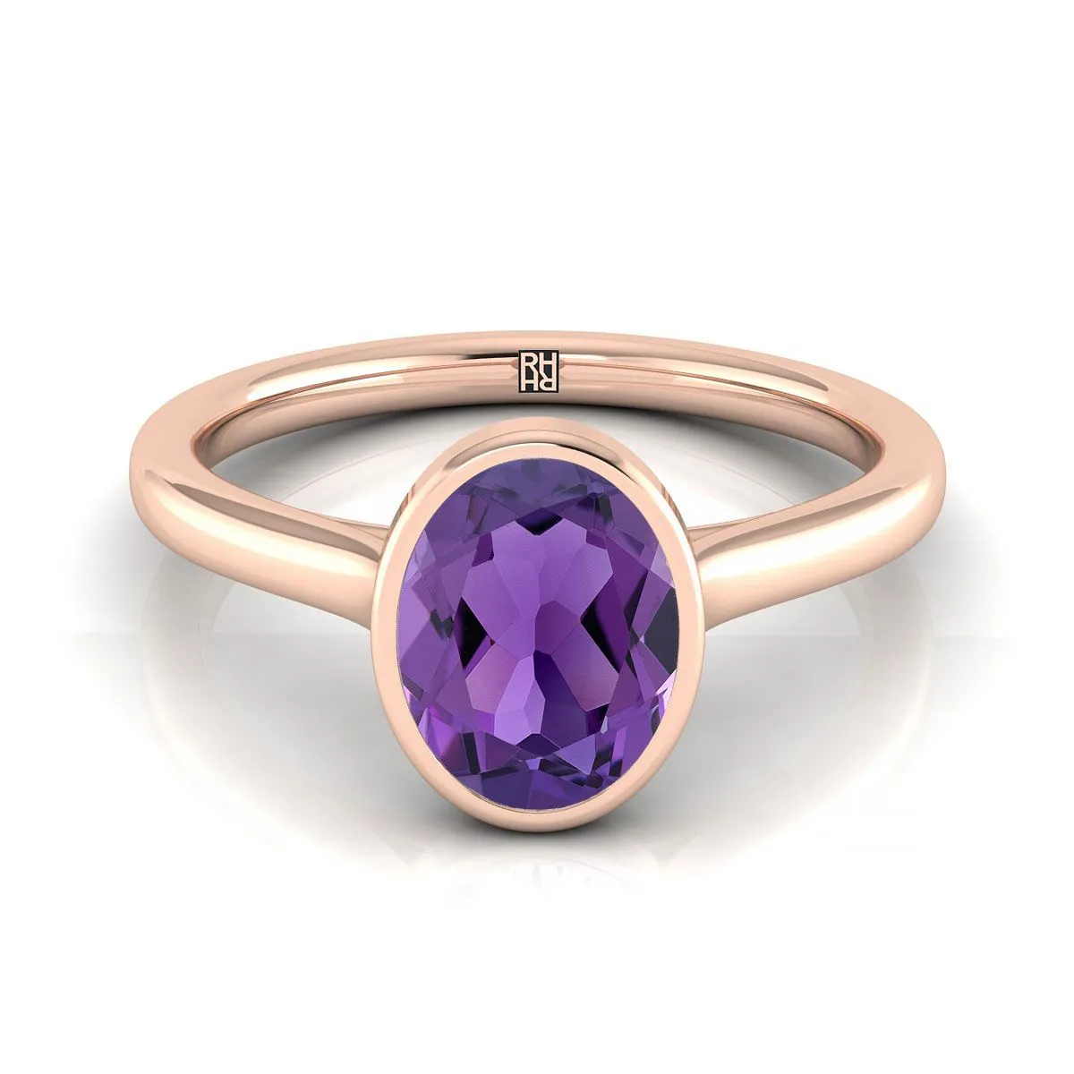 14K Rose Gold Oval Amethyst Simple Bezel Solitaire Engagement Ring