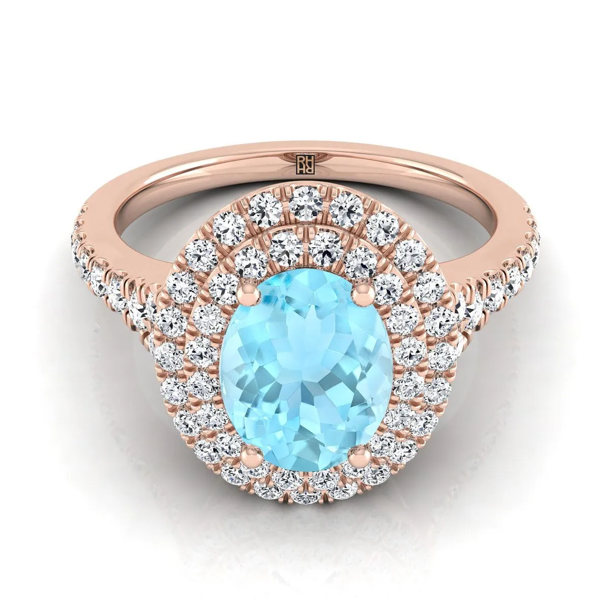 14K Rose Gold Oval Aquamarine Double Halo with Scalloped Pavé Diamond Engagement Ring -1/2ctw