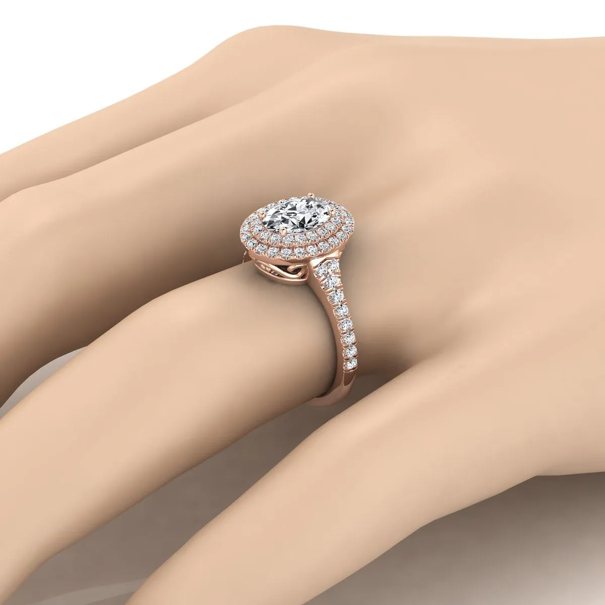 14K Rose Gold Oval Aquamarine Double Halo with Scalloped Pavé Diamond Engagement Ring -1/2ctw