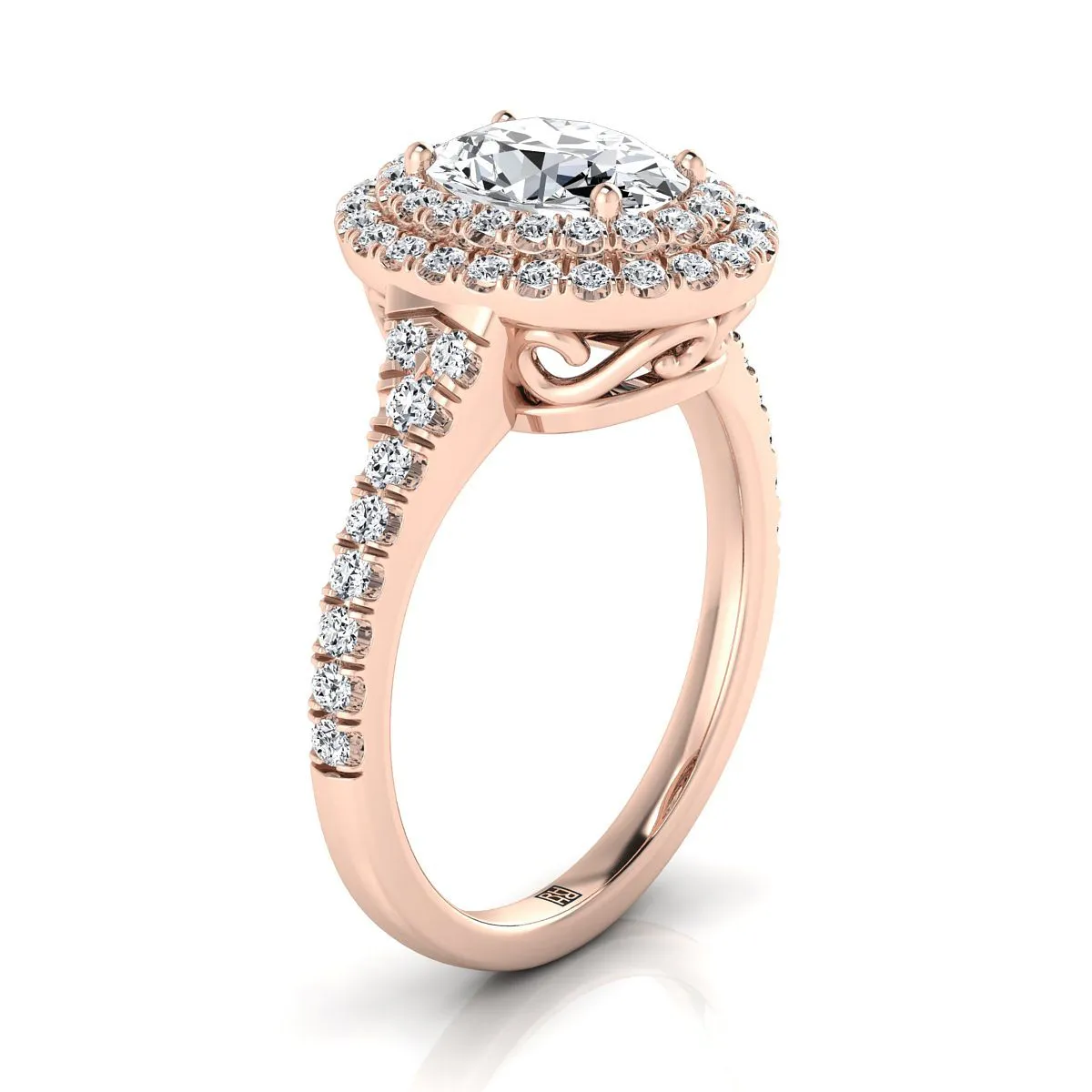 14K Rose Gold Oval Aquamarine Double Halo with Scalloped Pavé Diamond Engagement Ring -1/2ctw