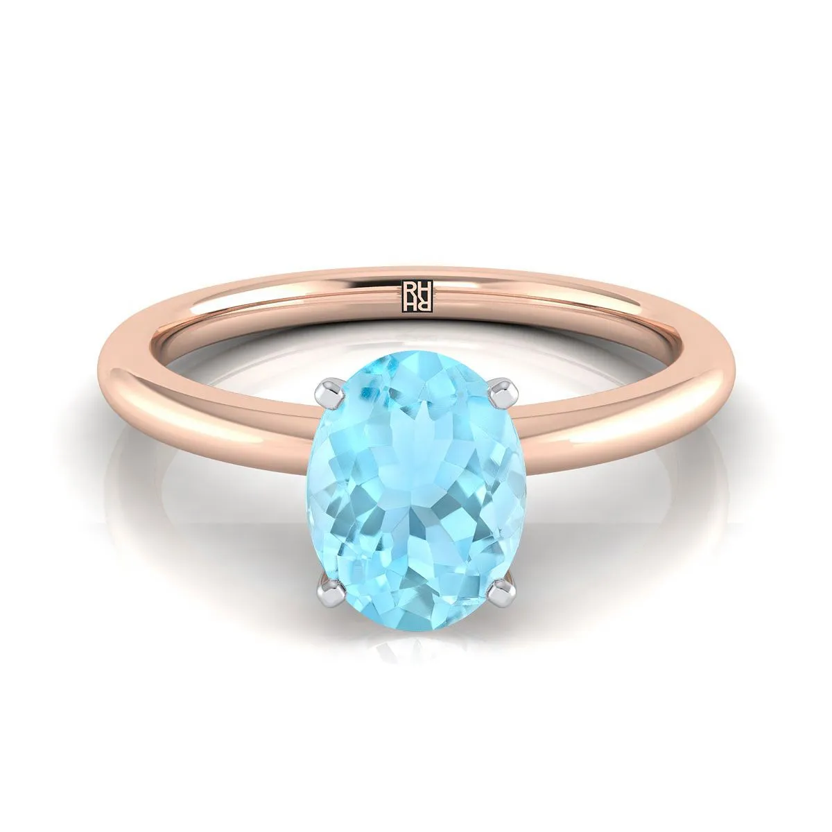 14K Rose Gold Oval Aquamarine Round Comfort Fit Claw Prong Solitaire Engagement Ring