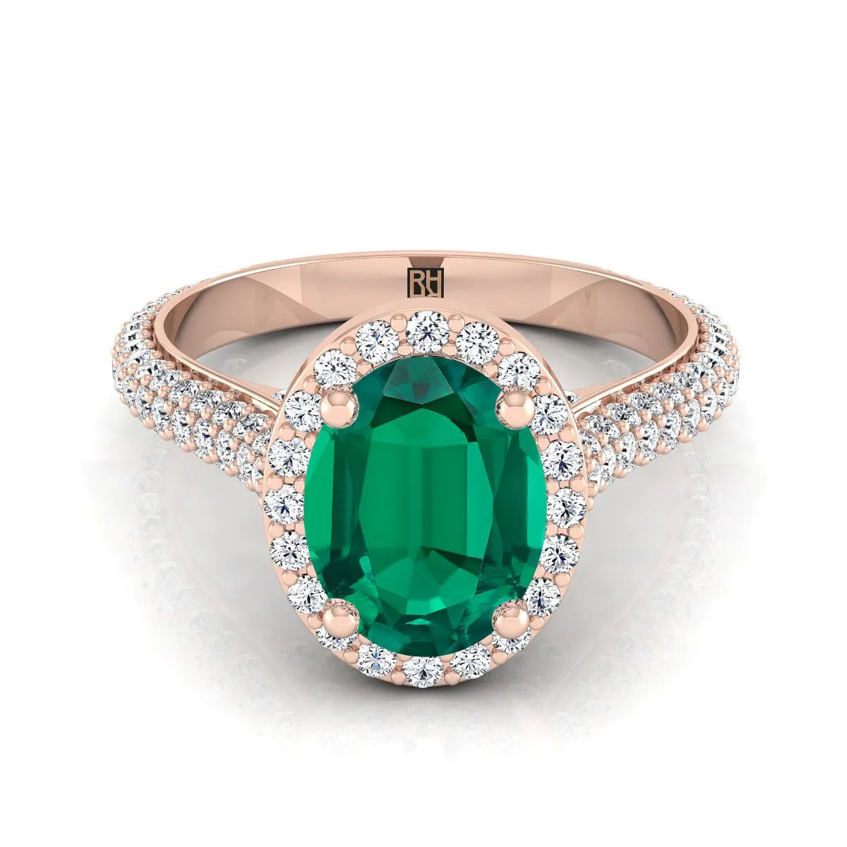 14K Rose Gold Oval Emerald Micro-Pavé Halo With Pave Side Diamond Engagement Ring -7/8ctw