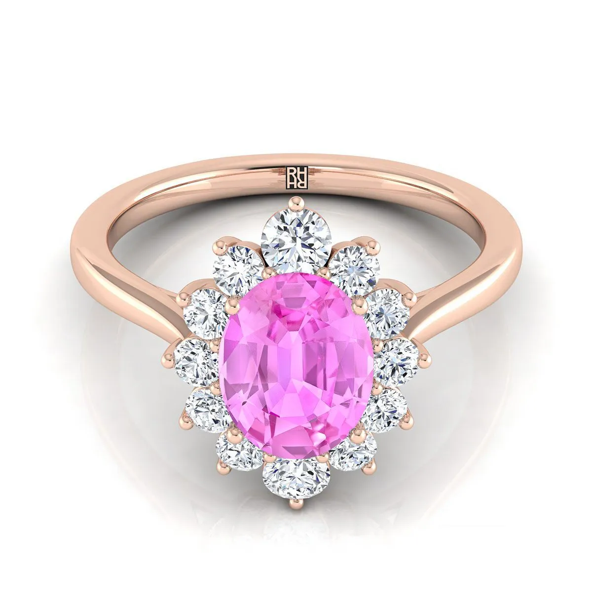 14K Rose Gold Oval Pink Sapphire Floral Diamond Halo Engagement Ring -1/2ctw