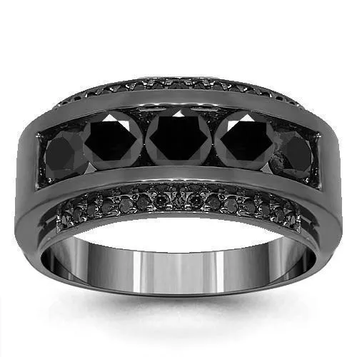 14K Solid Gold Black Rhodium Plated Mens Diamond Ring with Black Diamonds 3.50 Ctw