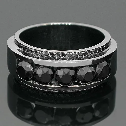 14K Solid Gold Black Rhodium Plated Mens Diamond Ring with Black Diamonds 3.50 Ctw