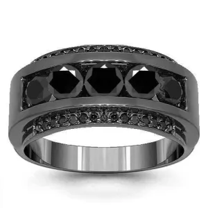 14K Solid Gold Black Rhodium Plated Mens Diamond Ring with Black Diamonds 3.50 Ctw