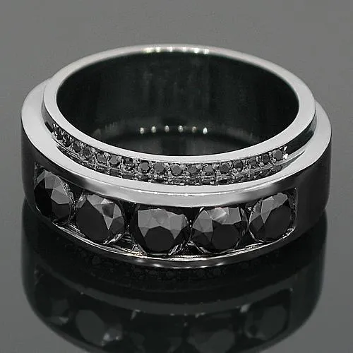 14K Solid Gold Black Rhodium Plated Mens Diamond Ring with Black Diamonds 3.50 Ctw