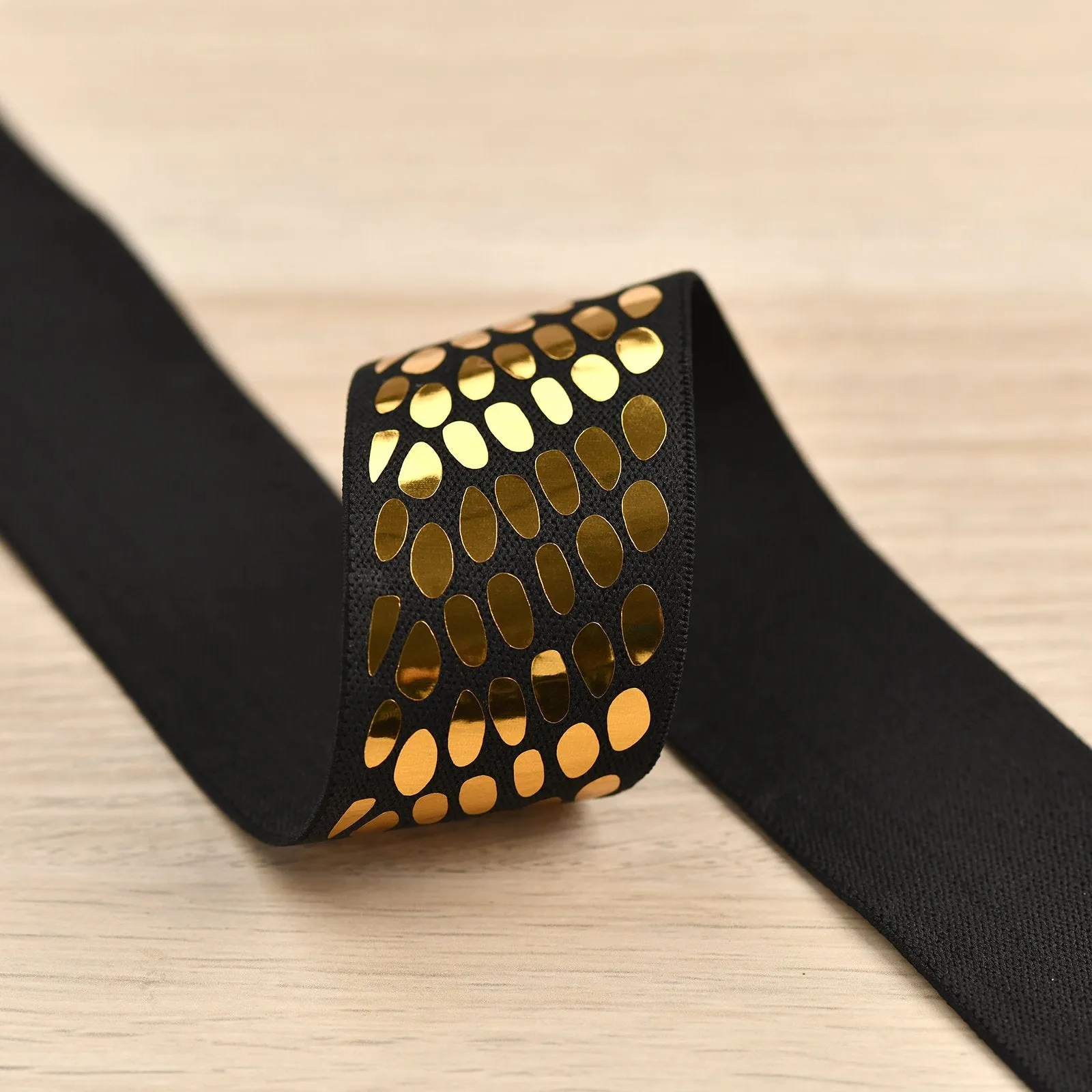 1.5 inch (38 mm) Wide Gold Glitter Spot Black Elastic Band- 1 Yard