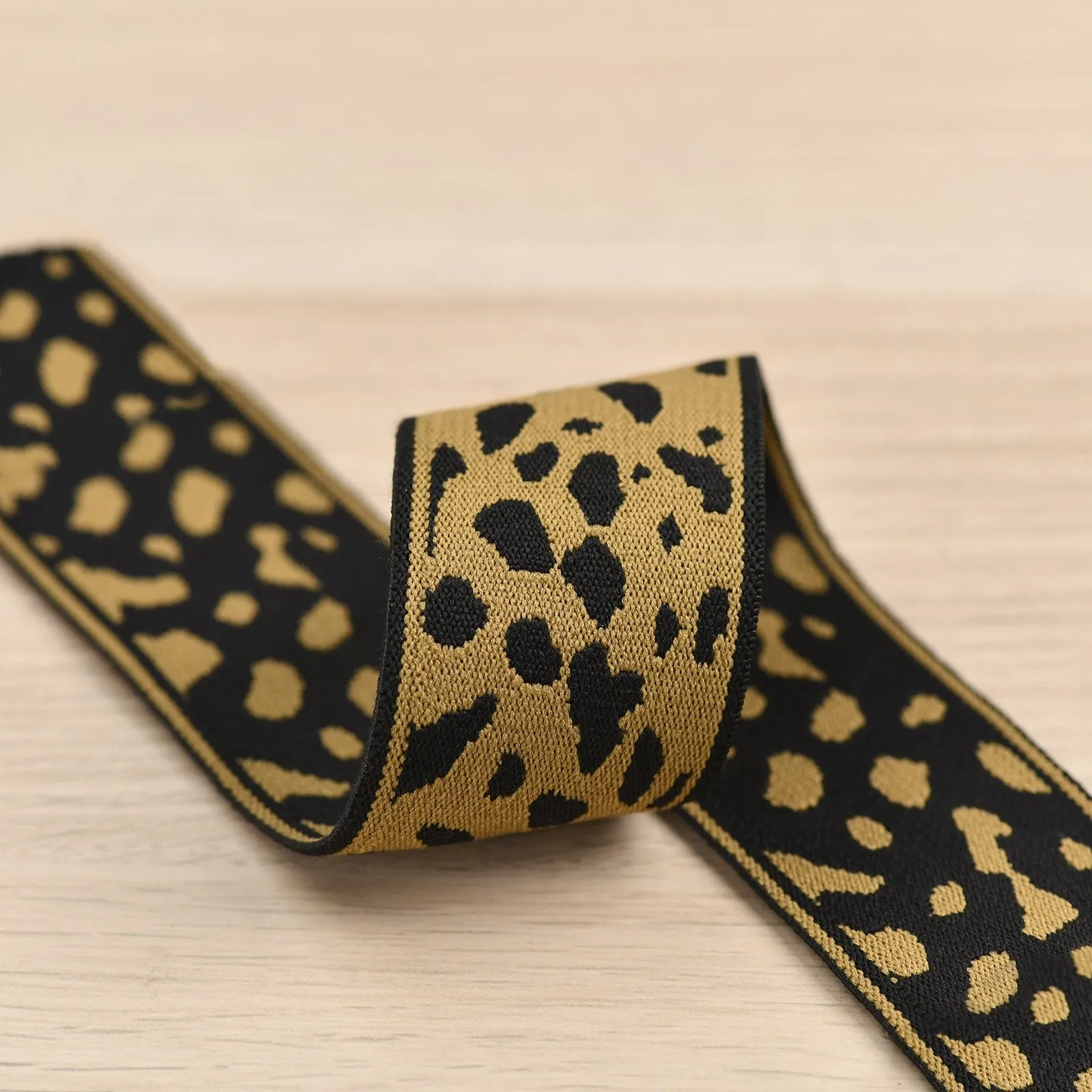 1.5 inch (40 mm) Wide Black and Brown Cheetah Elastic Band- 1 Yard