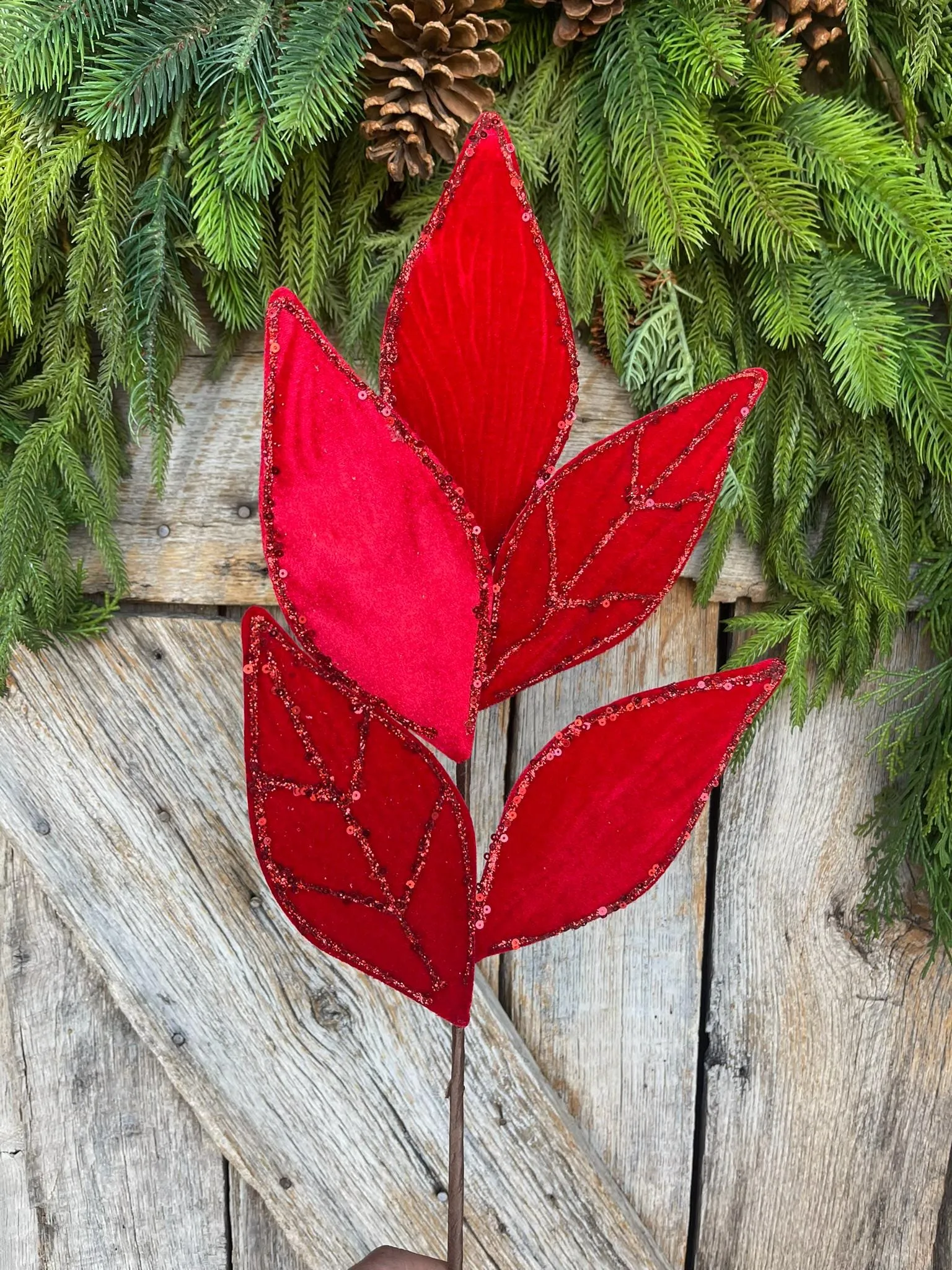 21" Red Glittered Vein Velvet Leaf Spray, Christmas Leaves Spray