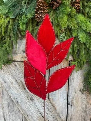 21" Red Glittered Vein Velvet Leaf Spray, Christmas Leaves Spray