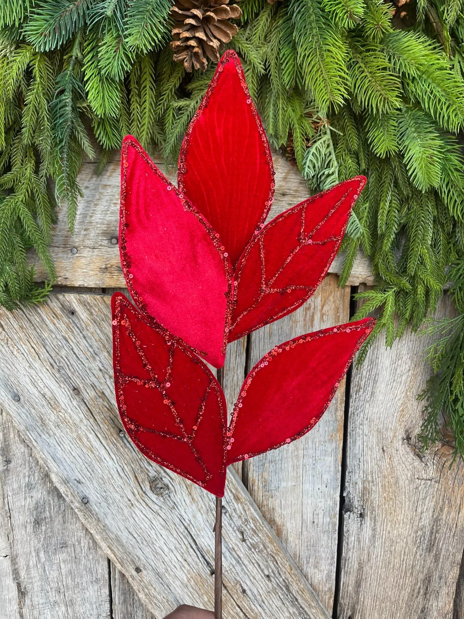 21" Red Glittered Vein Velvet Leaf Spray, Christmas Leaves Spray