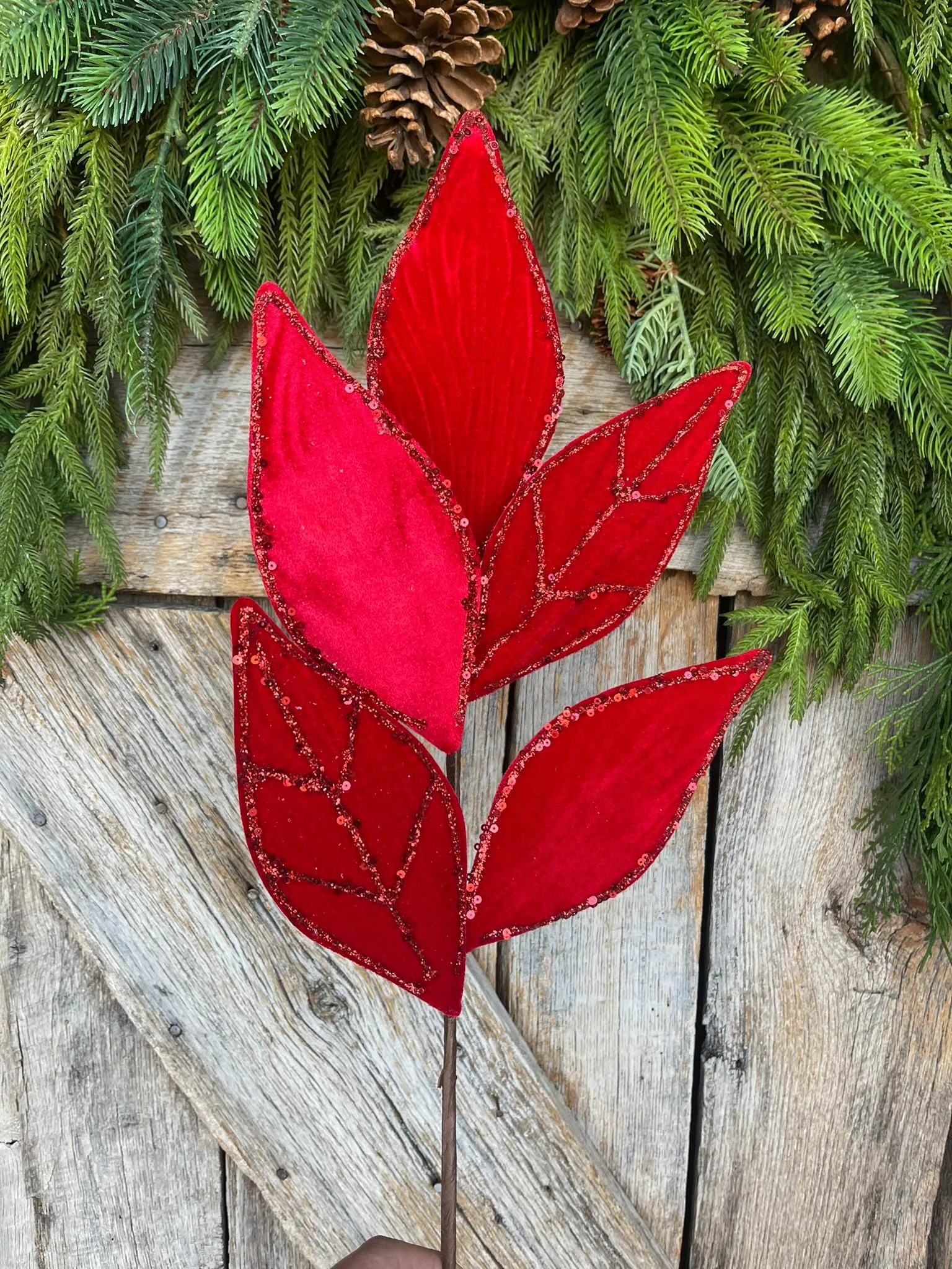 21" Red Glittered Vein Velvet Leaf Spray, Christmas Leaves Spray