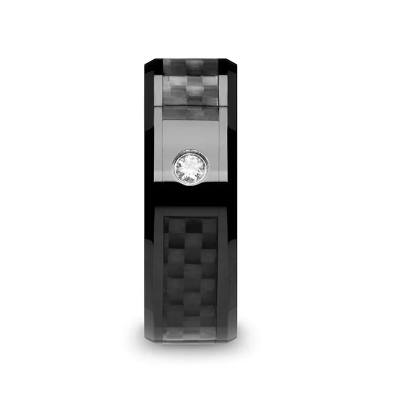 ANGUS | Black Ceramic Ring, Black Carbon Fiber Inlay, Diamond, Beveled