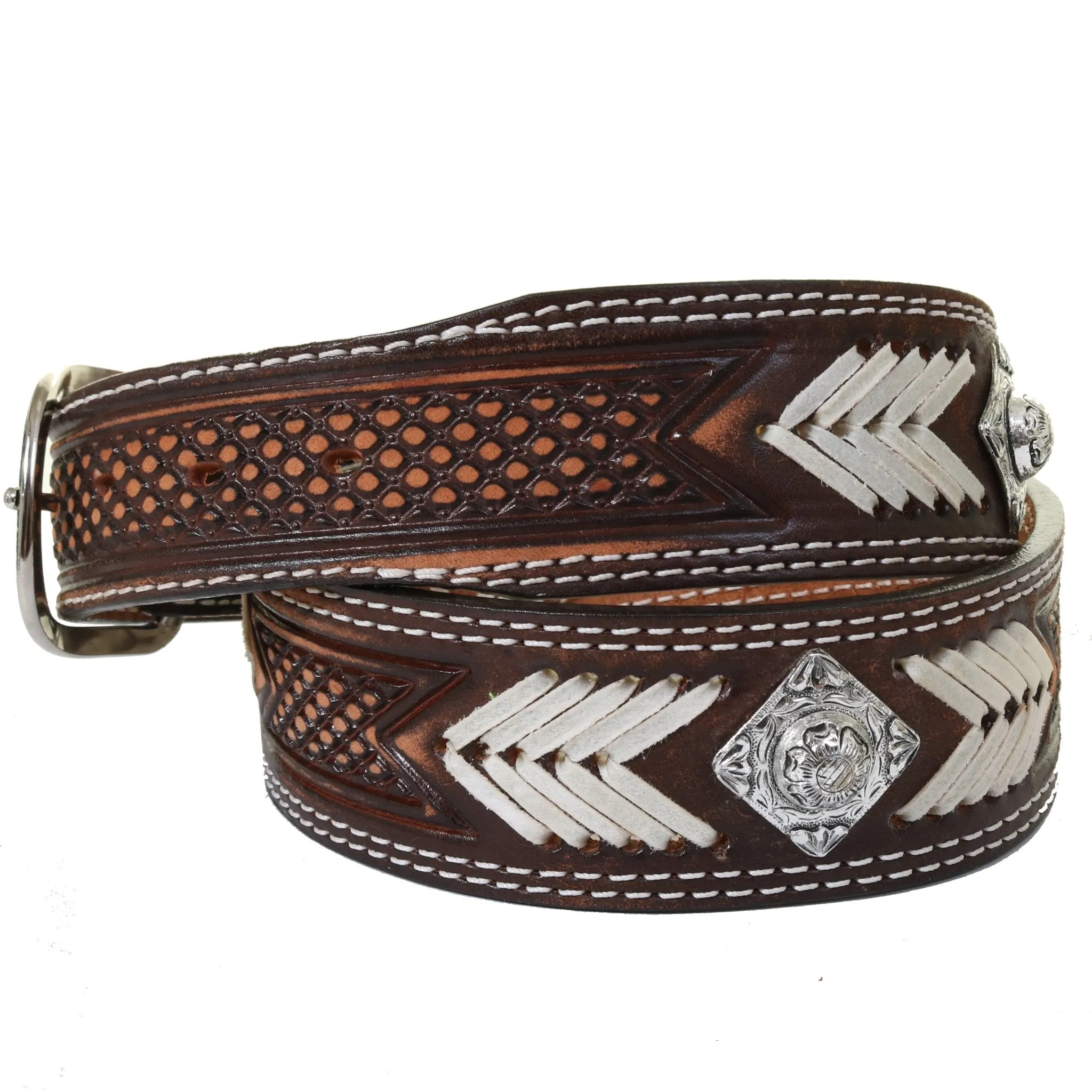 B1041B - Brown Vintage Tooled Rawhide Belt