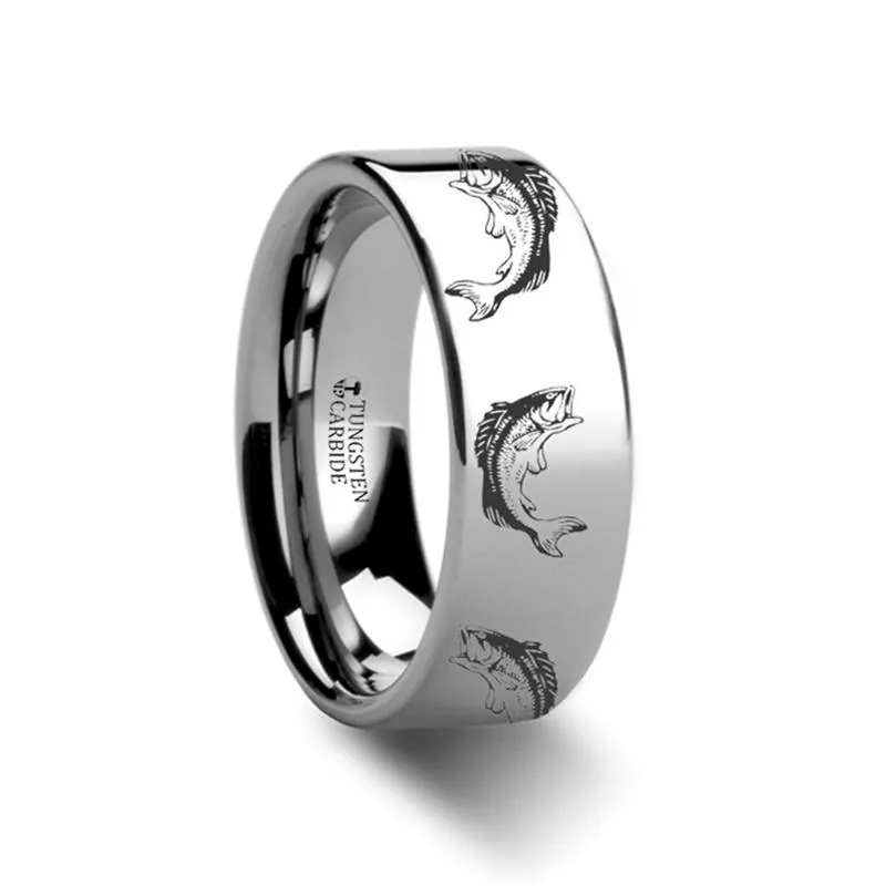 Bass Fish Jumping Sea Pattern Print Engraved Flat Couple Matching Wedding Ring - 4MM - 12MM