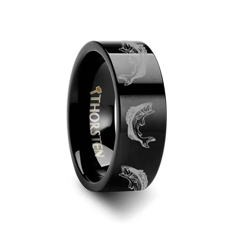 Bass Fish Jumping Sea Pattern Print Engraved Flat Couple Matching Wedding Ring - 4MM - 12MM