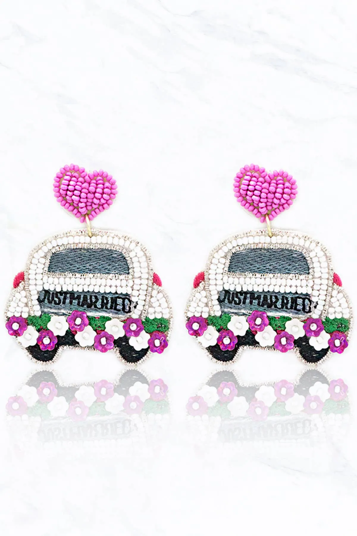 Beaded JUST MARRIED Car Earrings