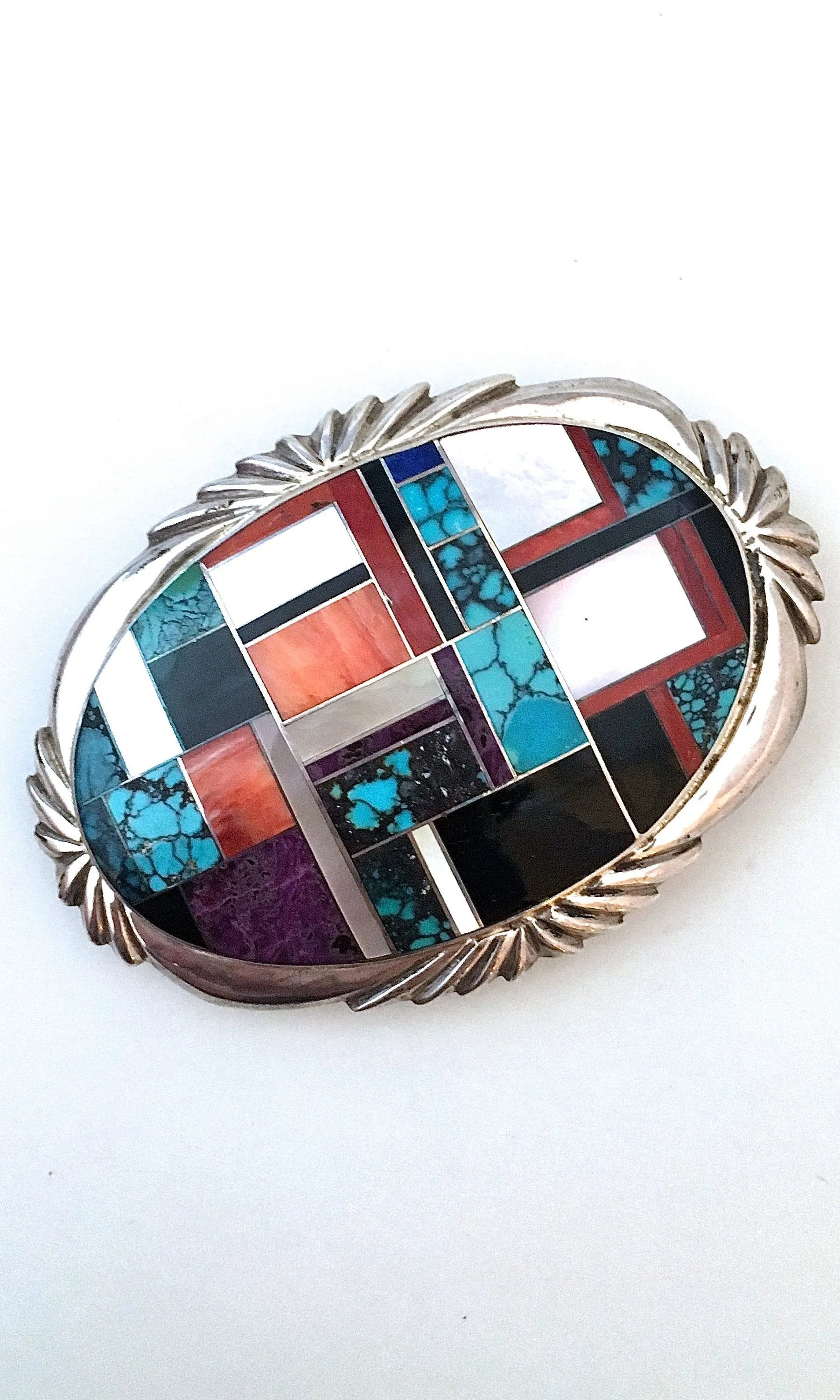 BEST WESTERN 1980s Zuni Mosaic Silver Belt Buckle