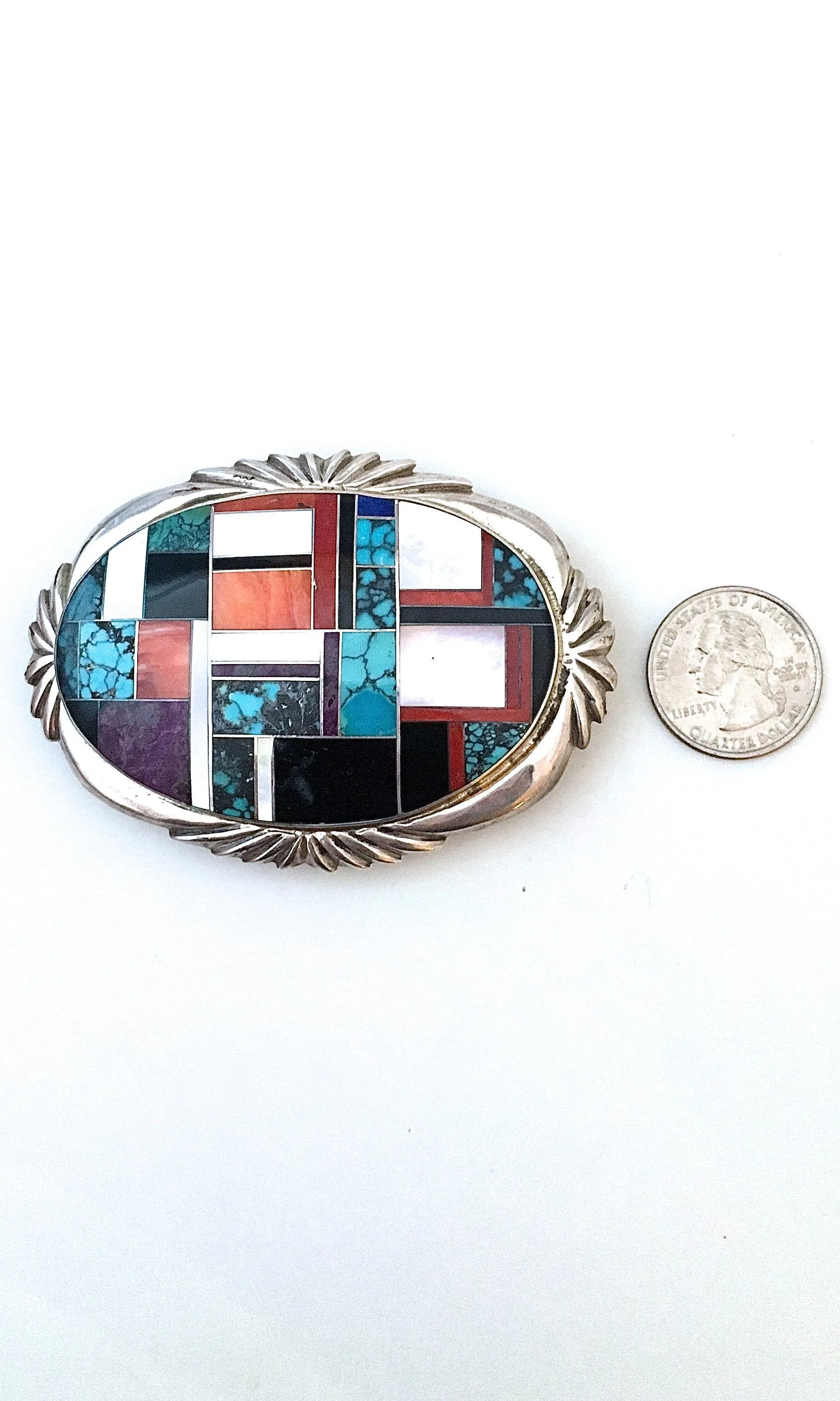 BEST WESTERN 1980s Zuni Mosaic Silver Belt Buckle