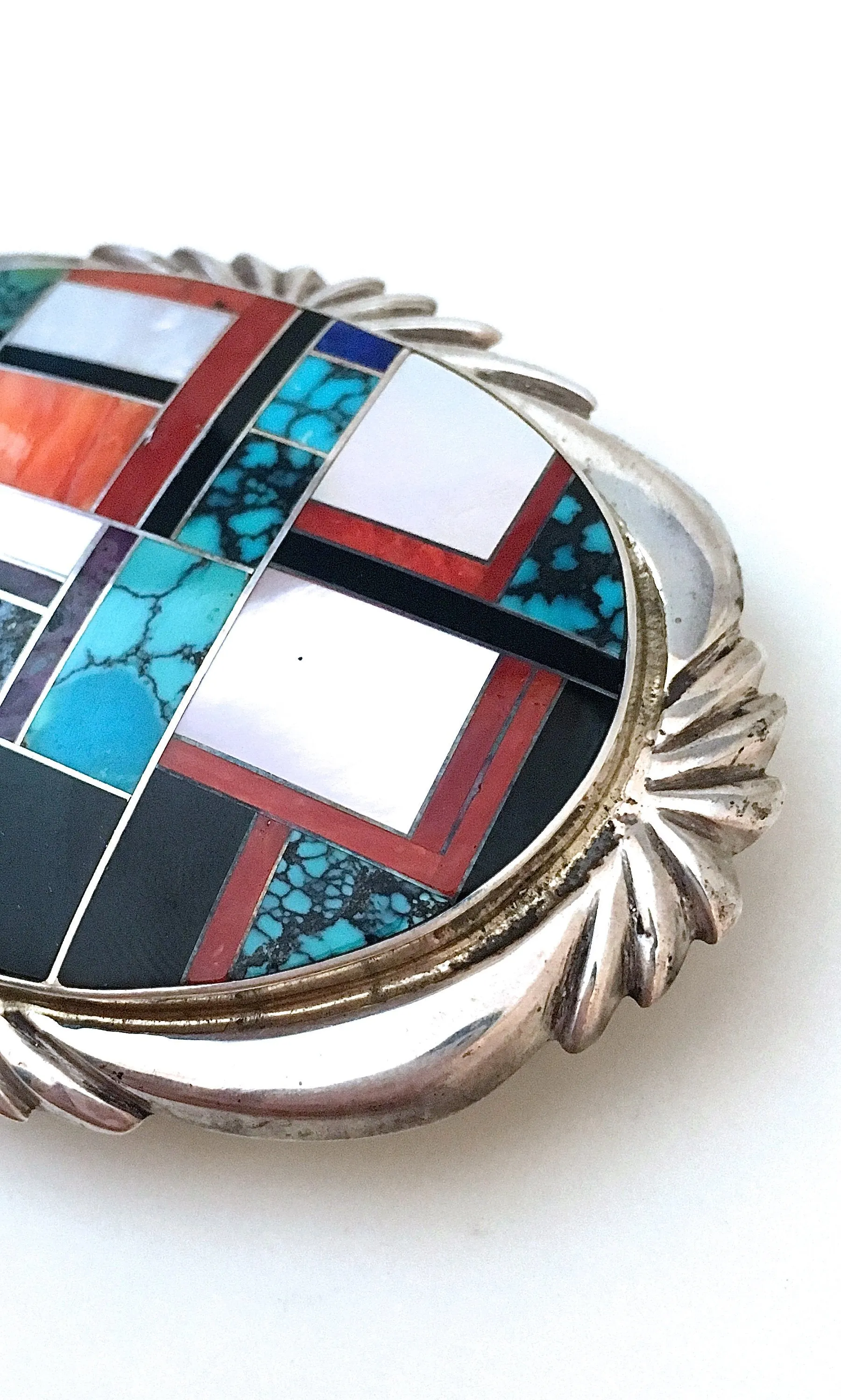 BEST WESTERN 1980s Zuni Mosaic Silver Belt Buckle