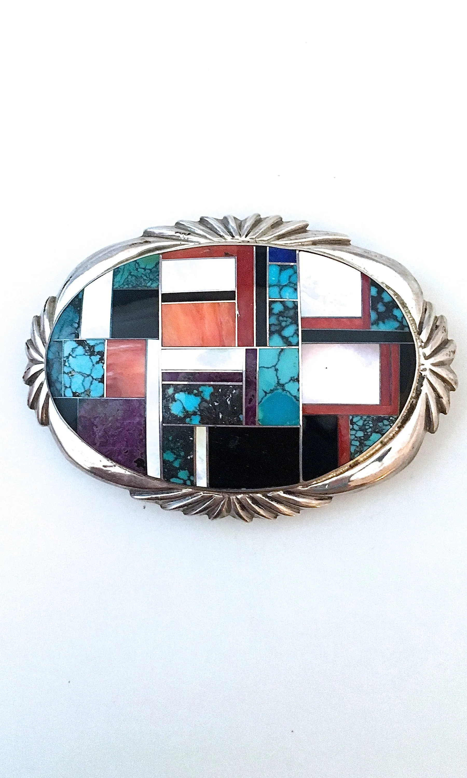 BEST WESTERN 1980s Zuni Mosaic Silver Belt Buckle