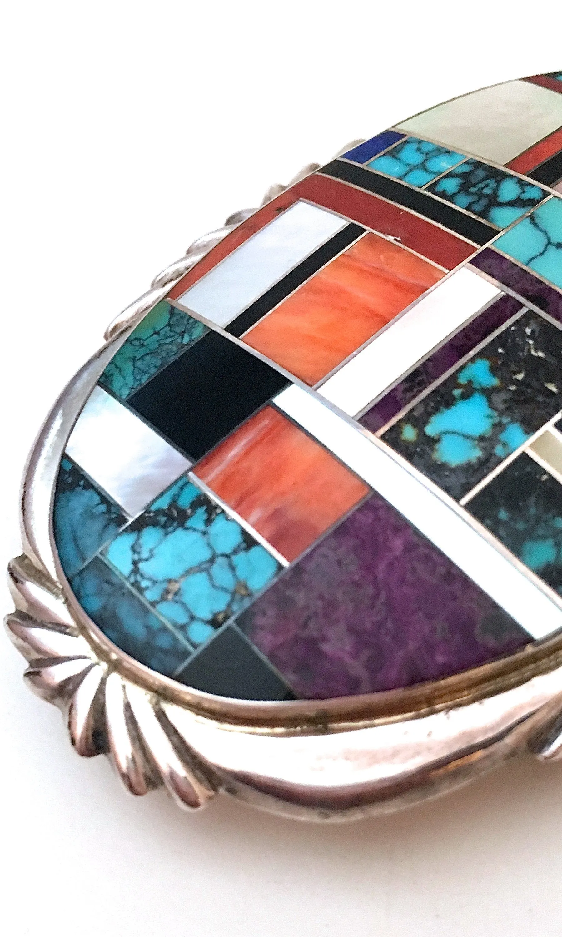 BEST WESTERN 1980s Zuni Mosaic Silver Belt Buckle