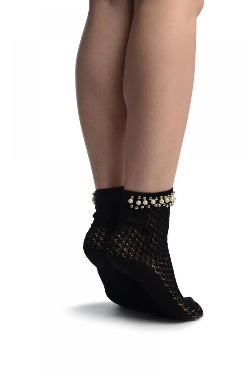 Black Crochet With Pearls and Silver Beads Stripe Ankle High Socks