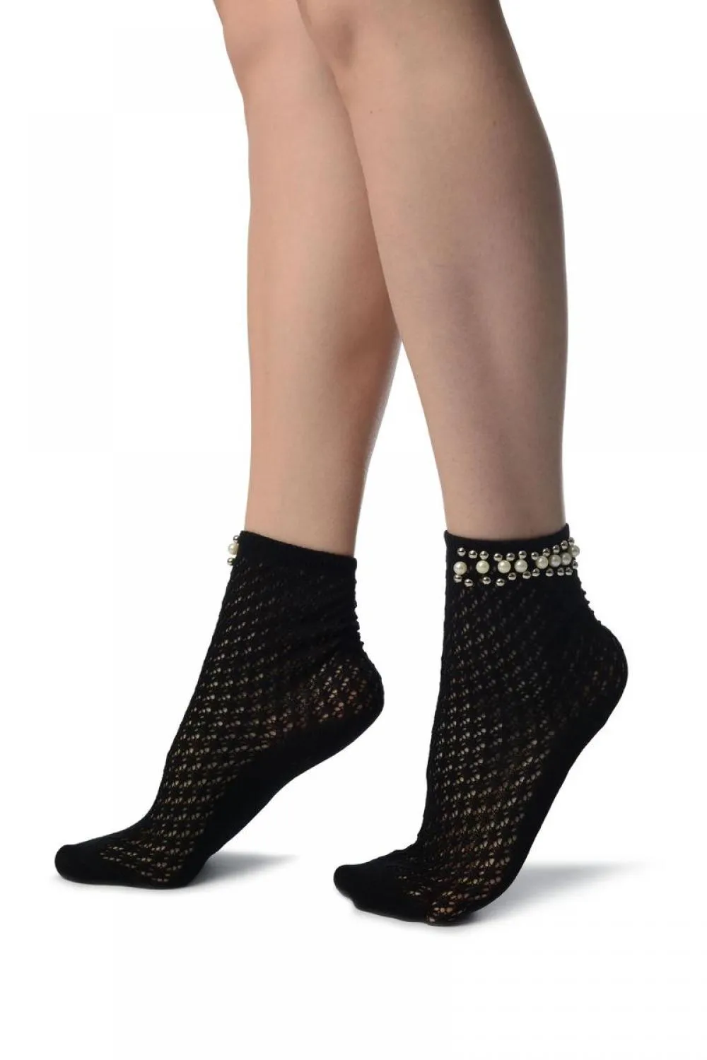 Black Crochet With Pearls and Silver Beads Stripe Ankle High Socks