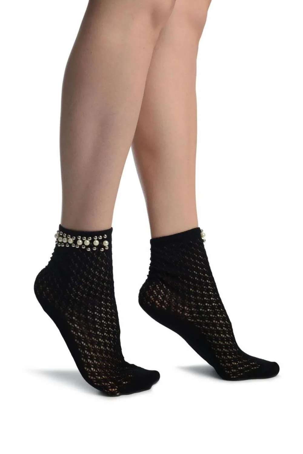 Black Crochet With Pearls and Silver Beads Stripe Ankle High Socks