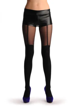 Black Faux Stockings With Silver Lurex Top & Suspender Belt