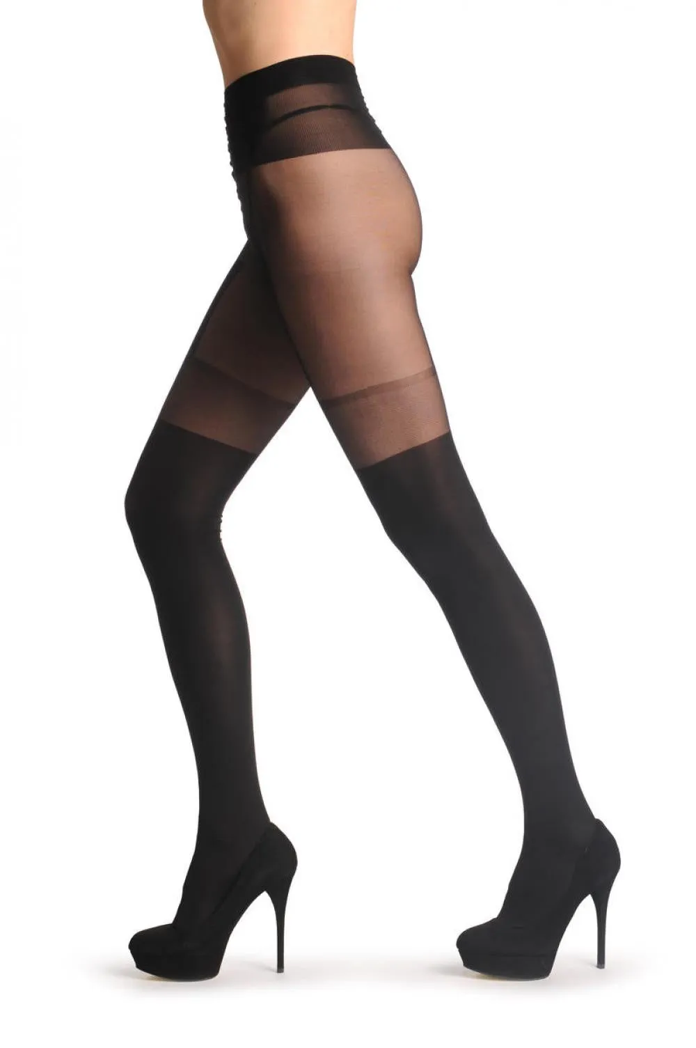 Black Faux Suspender Tights With Meshed Top 60 Den